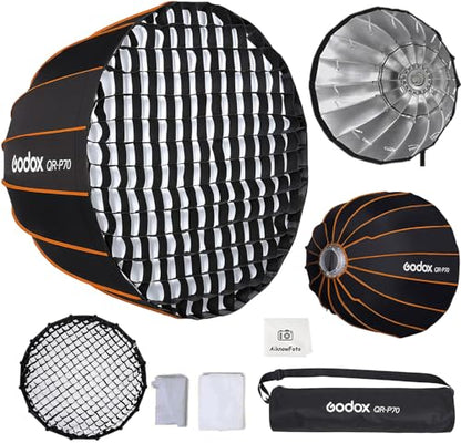 Godox Parabolic Softbox Quick Release,QR-P70 27.5”/70cm Portable Bowens Mount Sof tbox with Honeycomb Grid,Carry Bag,Front/Inner Diffuser for Professional Photography Studio Portrait Video Shooting - size: QR-P70