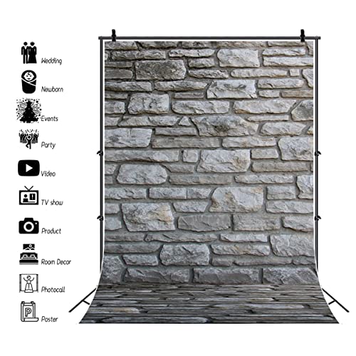 8X12ft Gray Stone Brick Wall Backdrop,Vintage Nostalgia Irregular Stone Texture Photography Background Natural Old Stone Wall Hardwood Floors Toddler Newborn Boy Photo Shoot Studio Props - size: 8x12ft