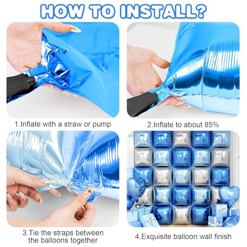 Blue Silver Square Foil Balloon Wall,25Pcs Double Sided Balloons Backdrop Helium Polyester Film Balloon Tunnel Arch Garland Kit for Birthday Bridal Anniversary Baby Shower Party Decorations - style: Blue Silver