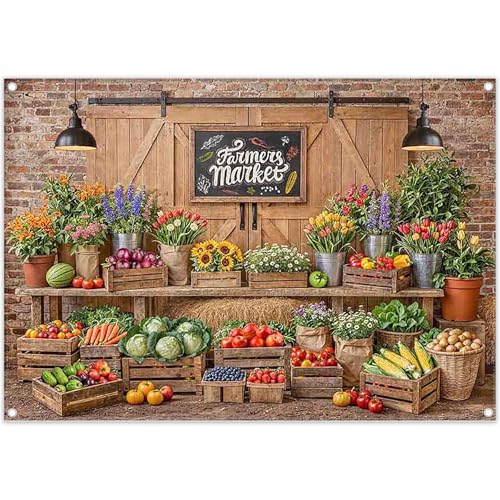 7x5ft Fabric Farmers Market Backdrop Fresh Vegetables Flowers Wooden Barn Spring Photography Background Baby Shower Birthday Party Decorations Photo Banner Props - size: 7'x5'