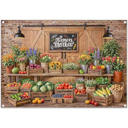 7x5ft Fabric Farmers Market Backdrop Fresh Vegetables Flowers Wooden Barn Spring Photography Background Baby Shower Birthday Party Decorations Photo Banner Props - size: 7'x5'