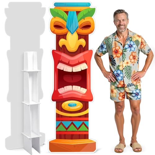 Yalikop 6 Ft Hawaii Tiki Cardboard Cutout Stand Up Photo Prop - Hawaiian Tropical Party Decorations Standee Tiki Totem Foam Board for Garden Yard Sign Decor Summer Luau Photography Background - style: Tiki Style 2