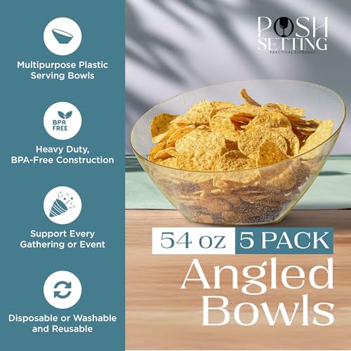 Posh Setting - Gold Plastic Serving Bowls for Party - Angled, Disposable, Chip & Candy Bowls - 54 OZ, 5 Pack - color: Gold Glitter, size: Large 54 OZ