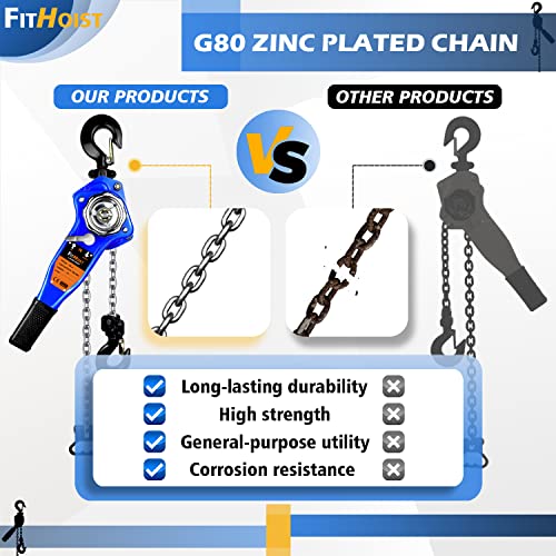 Lever Chain Hoist 1650LBS Capacity 10FT Manual Ratchet Chain Puller Hoist with 2 Hooks for Open-Air and Unpowered Operations (1650LBS 10FT)