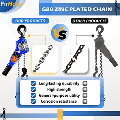 Lever Chain Hoist 1650LBS Capacity 10FT Manual Ratchet Chain Puller Hoist with 2 Hooks for Open-Air and Unpowered Operations (1650LBS 10FT)