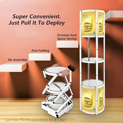 Foldable Display Case,Portable Display Cabinet,Retail Display Racks,Storage Showcase Cabinets Luminescent with LED-Light for Tradeshow Display,Tradeshow Booths ,White Round 4-Shelves 18x76inch - size: 18x76"