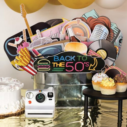 50s Photo Booth Props - 41-pc Photo Booth Kit with 8 x 10-Inch Sign, 60 Adhesive Pads, 45 Sticks - Sock Hop Party Decorations - Fifties Theme Photo Booth Props