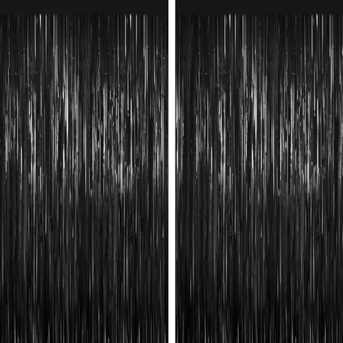 Black Tinsel Backdrop Foil Fringe Curtains - 2 Packs Door Streamers Backdrop for Birthday Door Decorations, Party Supplies for Bachelorette, Graduation, Christmas, Disco Decor - color: Black