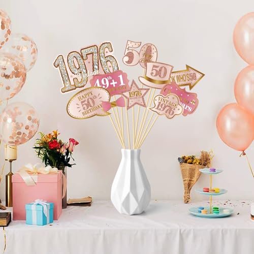 Kuxriox 30Pcs 50th Birthday Photo Booth Props for Women, Pink Rose Gold Vintage 1976 50 Birthday Selfie Props Kit with Sticks Party Supplies Favors, Happy Fifty Bday Photo Props Decor