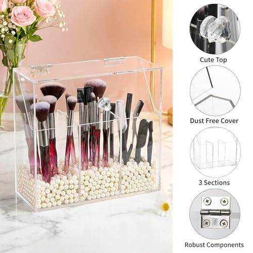 Okllen Makeup Brush Holder with Dustproof Lid, White Pearls, Acrylic Clear Makeup Brush Organizer with 3 Compartment, Large Cosmetic Brush Storage Box Case for Vanity, Bathroom, Bedroom