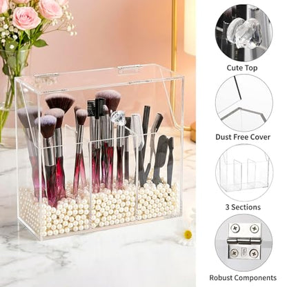 Okllen Makeup Brush Holder with Dustproof Lid, White Pearls, Acrylic Clear Makeup Brush Organizer with 3 Compartment, Large Cosmetic Brush Storage Box Case for Vanity, Bathroom, Bedroom
