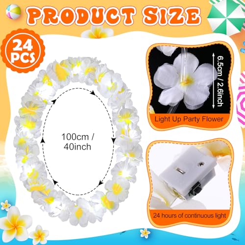 Sherr 24 Pcs LED Leis Light Up Wedding Hawaiian Leis Flower Necklace with LED Lights Beach Tropical Carnival Party Wedding Supplies Luau for Masquerade - color: white and yellow