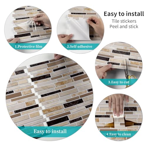 VICCI 12-Sheets Peel and Stick Tile Backsplash 12" x 12" 3D Vinyl Self-Adhesive Wall Stickers Tiles Decals for Kitchen Backsplash Bathroom Laundry Room (Beige & Yellow & Brown) Textured Style - color: Spt-004, size: 12 x 12 inch (3D Textured style)