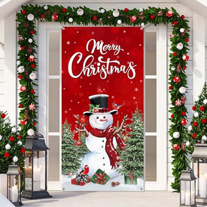 Irenare Christmas Front Door Cover Merry Christmas Door Decorations Red Snowman Xmas Tree Backdrop Banner Winter Holiday Background for Porch Wall Xmas Party Supplies, 70.9" X35.4" - style: Snowman