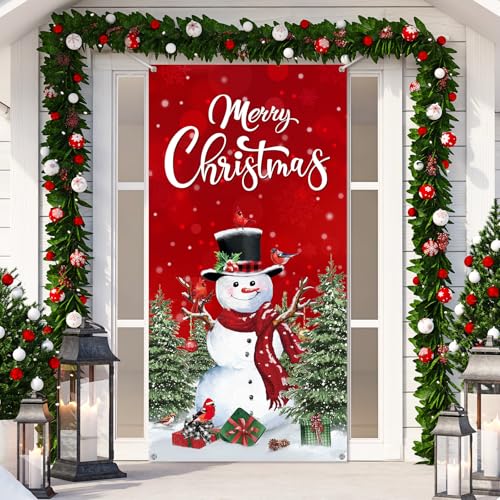 Irenare Christmas Front Door Cover Merry Christmas Door Decorations Red Snowman Xmas Tree Backdrop Banner Winter Holiday Background for Porch Wall Xmas Party Supplies, 70.9" X35.4" - style: Snowman