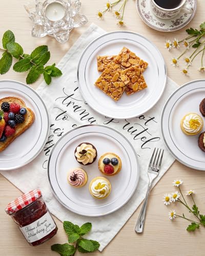 bUCLA 100Pieces Silver Plastic Plates - 6.25inch White with Silver Rim Disposable Salad/Dessert/Appetizer/Small Cake Plates for Weddings, Parties&Gathering - color: 6.25Inch-100pcs-Silver