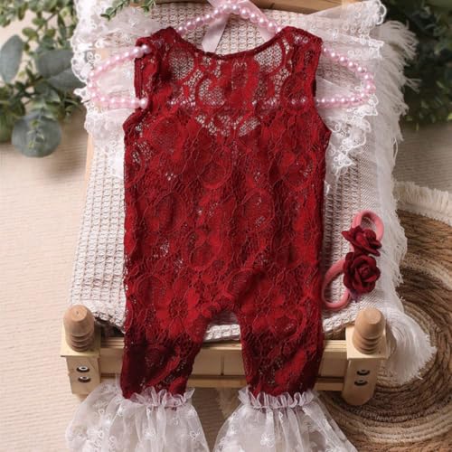 Newborn Photography Outfits Girl Newborn Photography Props Newborn Girl Lace Romper Headress Infant Princess Costume - color: Claret