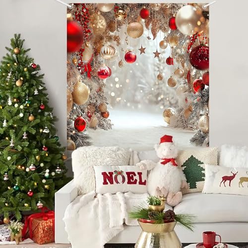 8x6ft Winter Christmas Backdrop for Photography Red Bell Glitter Snowflake Snow White Pearl Photography Background Holiday Kid Family Portrait Xmas Tree Banner Photo Booth Studio Props