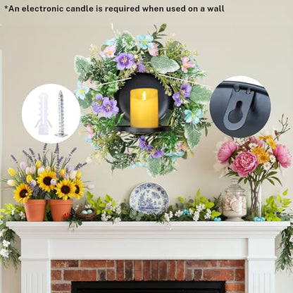 MOYEE Candle Holder Centerpieces for Tables,Candle Ring,Wreaths, Black Metal Paired Artificial Flowers 14 in Versatile Dining Table Centrepiece (Blue Purple Combination) - color: Blue and Purple Flower Wreath