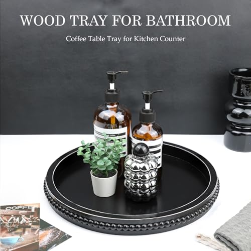 Round Black Wood Serving Tray with Beads, Wooden Decorative Tray for Entertaining, Decoration, and Gifting, - color: Black Y1, size: 13"