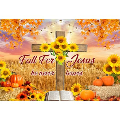 deFouliao Fall Backdrop Autumn Harvest Thanksgiving Maple Leaves Pumpkins Wooden Cross with Sunflower Background Banner Thanksgiving Party Supplies Photo Booth Props, 5x3ft - color: Yellow, size: 5x3ft