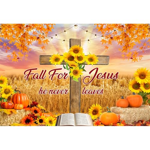 deFouliao Fall Backdrop Autumn Harvest Thanksgiving Maple Leaves Pumpkins Wooden Cross with Sunflower Background Banner Thanksgiving Party Supplies Photo Booth Props, 8x6ft - color: Yellow, size: 8x6ft