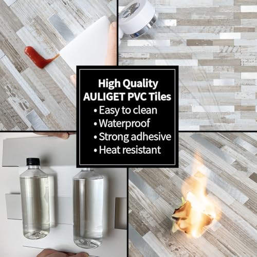 AULIGET Peel and Stick Backsplash, Coffee & Brown Wood Look PVC Mixed Metal Stick on Bathroom Backsplash, 2 - color: Coffee & Brown Wood + Metal Silver, size: 2 Sheets, 6"x12"x0.12"