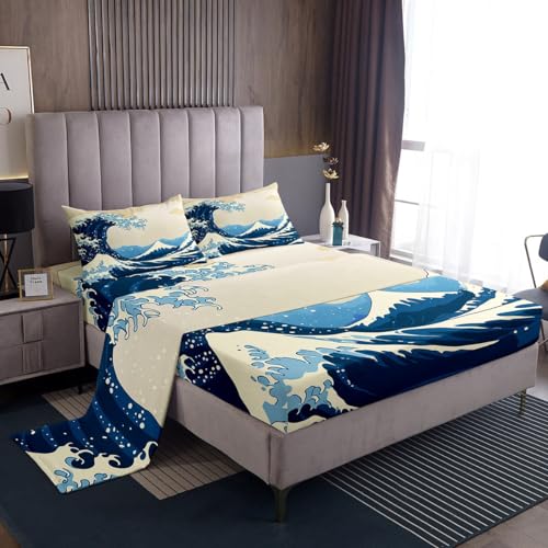 Great Wave Bed Sheets Japanese Ocean Wave Sheet Set, Mount Fuji Bed Sheet with Art Nature Home Decoration for Living Room Bedroom Dorm Decor Bedding Sheets & Pillowcases Japanese Style Top Sheet,Full - color: Multi 03, size: Full