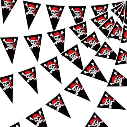 eBoot 90 Pieces Pirate Banner 98ft Skull Pirate Flags Party Decorations Jolly Ship Triangle Pennant Bunting Decor for Birthday Decorations Gasparilla Holiday Celebration Outdoor Party Supplies