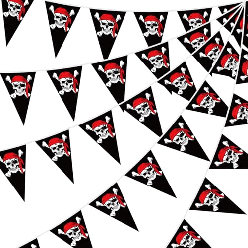 eBoot 90 Pieces Pirate Banner 98ft Skull Pirate Flags Party Decorations Jolly Ship Triangle Pennant Bunting Decor for Birthday Decorations Gasparilla Holiday Celebration Outdoor Party Supplies