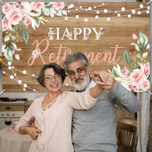 Mocsicka Rustic Retirement Backdrop Banner Women Happy Retirement Party Decorations Pink Floral Retired Party Photo Booth Props (6x3.6ft) - size: 6x3.6ft