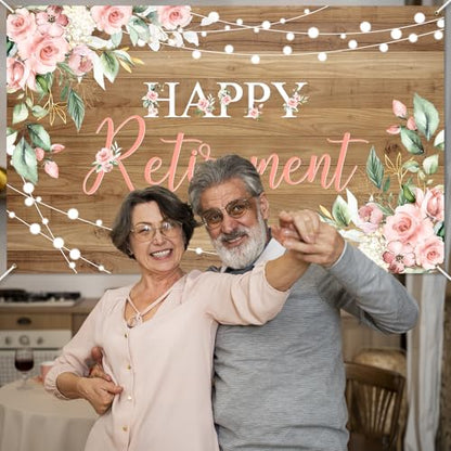 Mocsicka Rustic Retirement Backdrop Banner Women Happy Retirement Party Decorations Pink Floral Retired Party Photo Booth Props (6x3.6ft) - size: 6x3.6ft