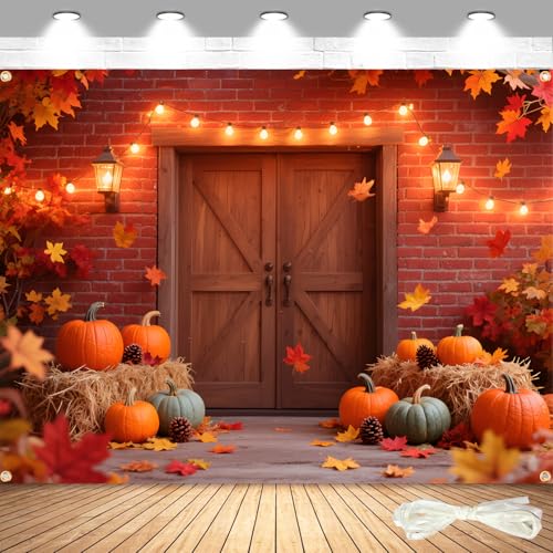 Large 7x5FT Fall Autumn Backdrop – Fall Photography Background with Pumpkin, Maple Leaves & Barn Wood (Includes 19.68FT Ribbon) – Thanksgiving, Friendsgiving, Harvest Party Decor, Photo Booth Props - color: Autumn Backdrop, size: 7x5FT