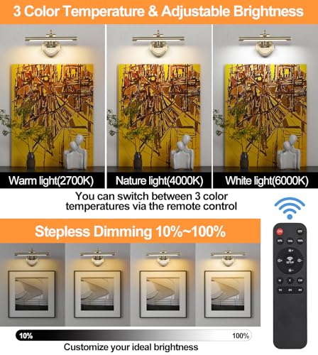 Picture Light for Wall,Battery Operated Art Lights for Painting,3 Color and Brightness, Adjustable Wireless Portrait Lights with Remote for Artwork,Bookcase,Photo Frames(Antique Bronze, 12inch) - color: Antique Bronze, size: 12inch