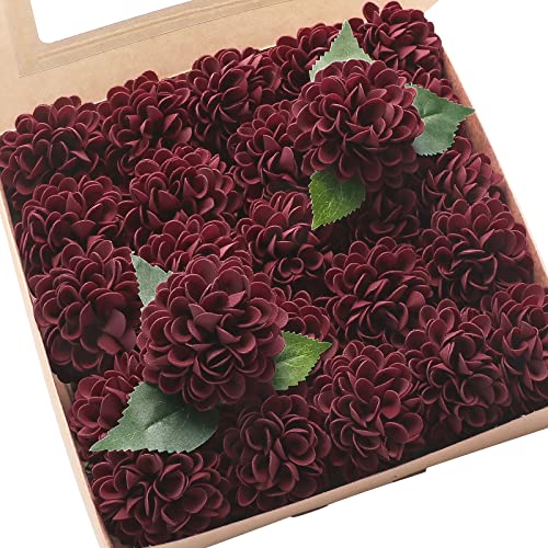 Floroom Artificial Dahlia Flowers 25pcs Real Looking Burgundy Foam Fake Roses with Stems for DIY Wedding Bouquets Dark Red Bridal Shower Centerpieces Floral Arrangements Party Tables Home Decoration - color: Burgundy