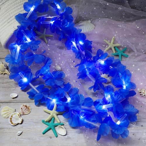 Sherr 24 Pcs LED Leis Light Up Wedding Hawaiian Leis Flower Necklace with LED Lights Beach Tropical Carnival Party Wedding Supplies Luau for Masquerade(Bright Blue) - color: Bright Blue