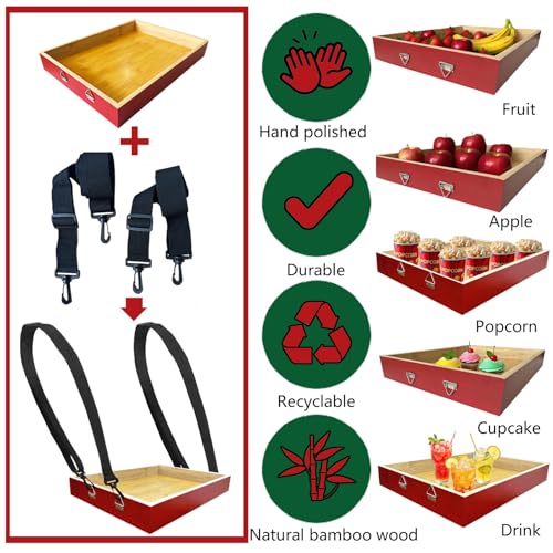 Wooden Snack Trays with Strap,Red Snack Tray Usherette Popcorn Drink Beverage Carrier Movie Snack Usherette Vendor Trays for 20's Theme Costume Accessory Carnival Prop