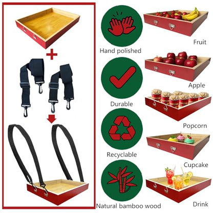 Wooden Snack Trays with Strap,Red Snack Tray Usherette Popcorn Drink Beverage Carrier Movie Snack Usherette Vendor Trays for 20's Theme Costume Accessory Carnival Prop