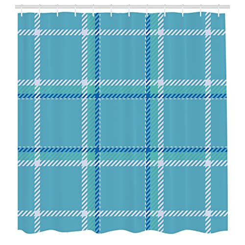 Ambesonne Plaid Shower Curtain, Retro Vibe Scottish Style Checkered Motif with Aquatic Stripes Pattern, Cloth Fabric Bathroom Decor Set with Hooks, 69" W x 70" L, Deep Sky Blue and Seafoam - color: Deep Sky Blue and Seafoam, size: 69" W x 70" L