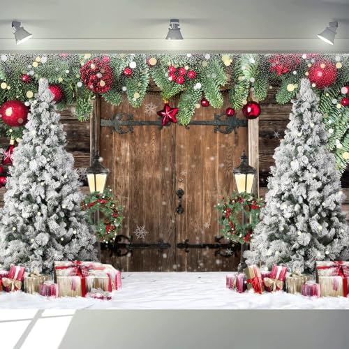 Winter Christmas Rustic Barn Wood Door Photography Backdrop Xmas Tree Snow Background Banner for Family Holiday Party Decoration Supplies Photo Studio Props Pictures 8X6FT 114 - size: 8x6ft