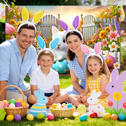 BlissYard Happy Easter Party Backdrop Banner Spring Easter Bunny Backdrop White Rabbit Colorful Easter Eggs Photography Background Floral Rabbit Easter Baby Shower Jesus Party Photo Props 71 x 43 - color: Easter Bunny#7