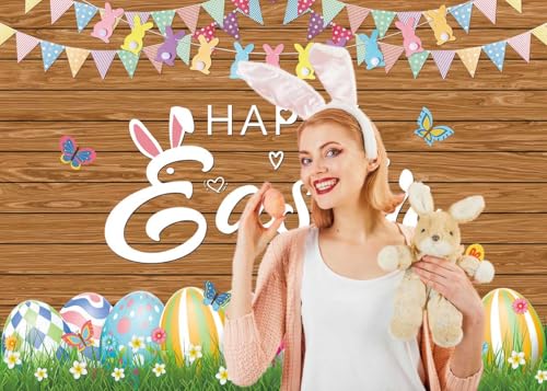 XCKALI Wood Easter Backdrop Wooden Happy Easter Day Photography Background Wooden Colorful Eggs Party Decoration 7x5FT