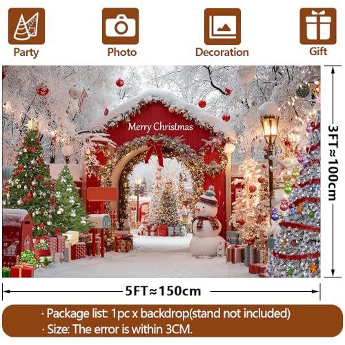 Christmas Photography Backdrop - Merry Christmas Banner, Snowy Winter Wonderland, Christmas Trees, Red Archway, Snowman - Xmas Party Decoration Photo Booth Prop Background Cloth (5x3 FT)