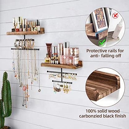 Keebofly Hanging Wall Mounted Jewelry Organizer with Rustic Wood Jewelry Holder Display for Necklaces Bracelet Earrings Ring Set of 2 Carbonized Black,[Patented] - color: Carbonized Black