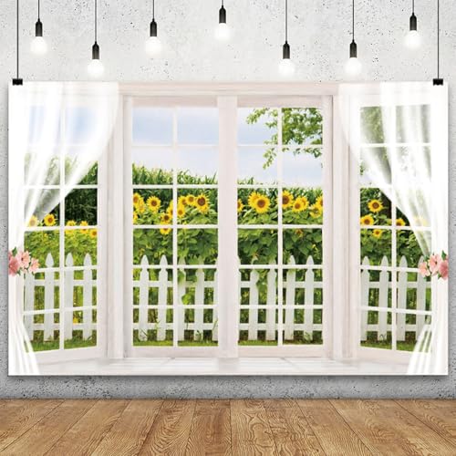 YongFoto 5x3ft Spring Window Scenery Backdrop Yellow Sunflower Rustic Wood Fence Countryside Garden Nature Landscape Girl Woman Birthday Party Wedding Kids Adults Portrait Photo Studio Props - color: Green 1, size: 5x3ft