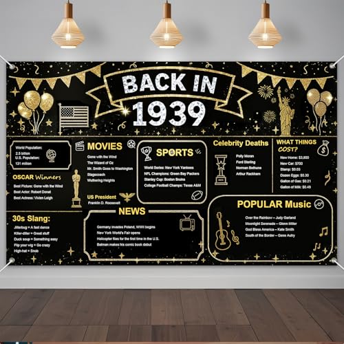 IVN Back in 1939 Backdrop Banner 71x43 Inch Black and Gold Birthday Party Decorations Photography Background Photo Booth Props for Men Women - color: Back in 1939