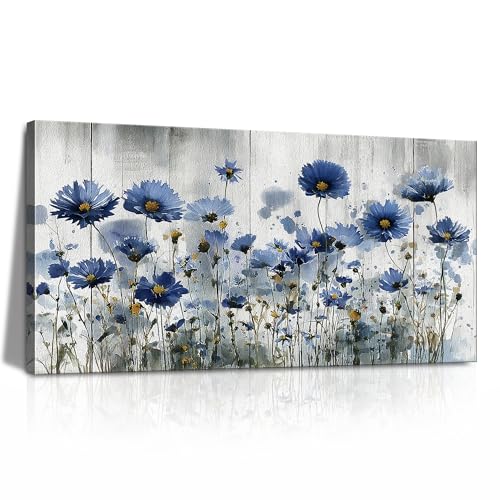 LKY ART Flower Print Wall Art Canvas blue Daisy Floral Wood Background Ready to Hang for Living Room Bedroom Home Office Wall Decoration 20" x 40" - color: Blue-gray, size: 40"L x 20"W