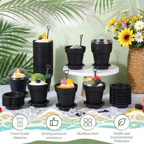 Honeydak 25 Pack Flowerpot Dessert Cup Plastic Cake Cups with Lid Shovel Spoon Mini Flower Pot Dessert Cups Ice Cream Yogurt Cupcake Holder Containers for Birthday Party Supplies DIY Baking (Black) - color: Black