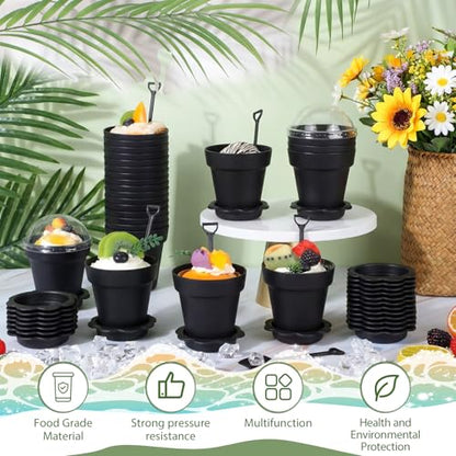 Honeydak 25 Pack Flowerpot Dessert Cup Plastic Cake Cups with Lid Shovel Spoon Mini Flower Pot Dessert Cups Ice Cream Yogurt Cupcake Holder Containers for Birthday Party Supplies DIY Baking (Black) - color: Black