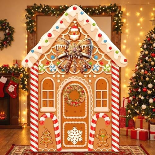 Panelee Large Christmas Gingerbread House Decorations, Gingerbread House Backdrop Photo Prop, 8 x 6 ft Fabric Xmas Candy Backdrop Decor for Holiday Party Decor - style: Gingerbread House